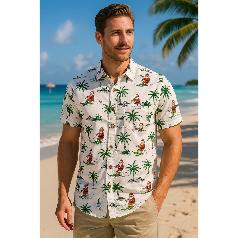 Denim & Flower Surfing Santa Holiday Shirt Men's L Tropical‎ Christmas Palm Tree